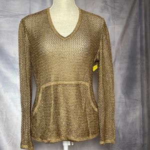 ST JOHN SPORT METALLIC GOLD LAME PULLOVER ANGEL WINGS, KANGAROO POCKET SIZED S